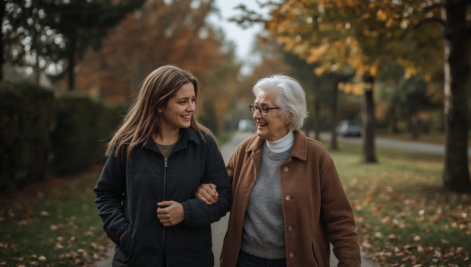 Alltagsbegleiterin und Seniorin gehen Arm in Arm durch einen Park